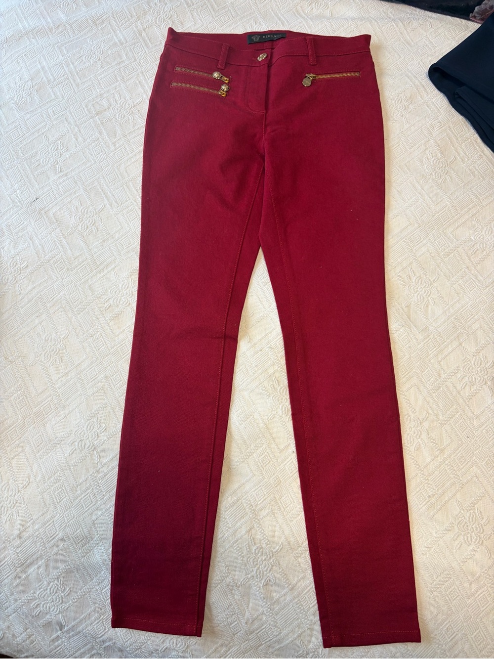 Versace Red Skinny Jeans with Gold Zipper Accents